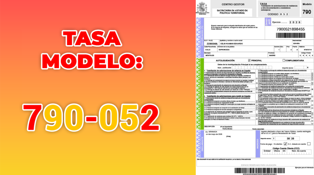 Formulario de pago Tasa 790-052 para arraigo extraordinario 2026